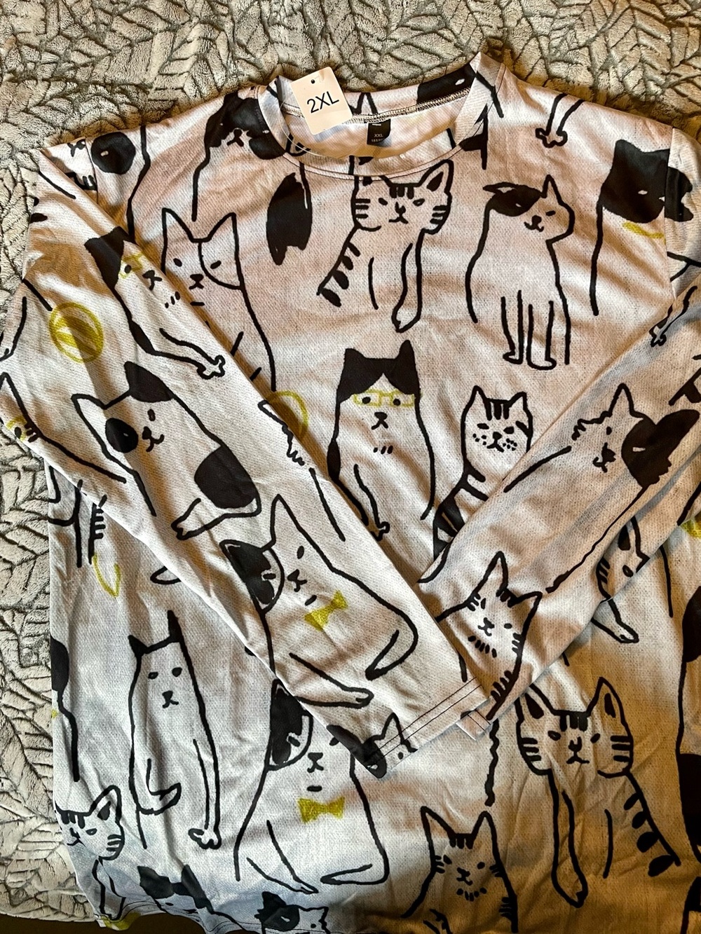 Cat Print Long Sleeve Shirt - 2XL White/Black by